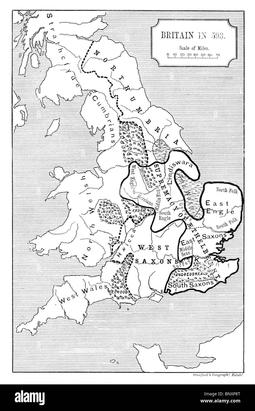Black and White Illustration of a map of Britain in the 6th century; Anglo Saxon period Stock Photo