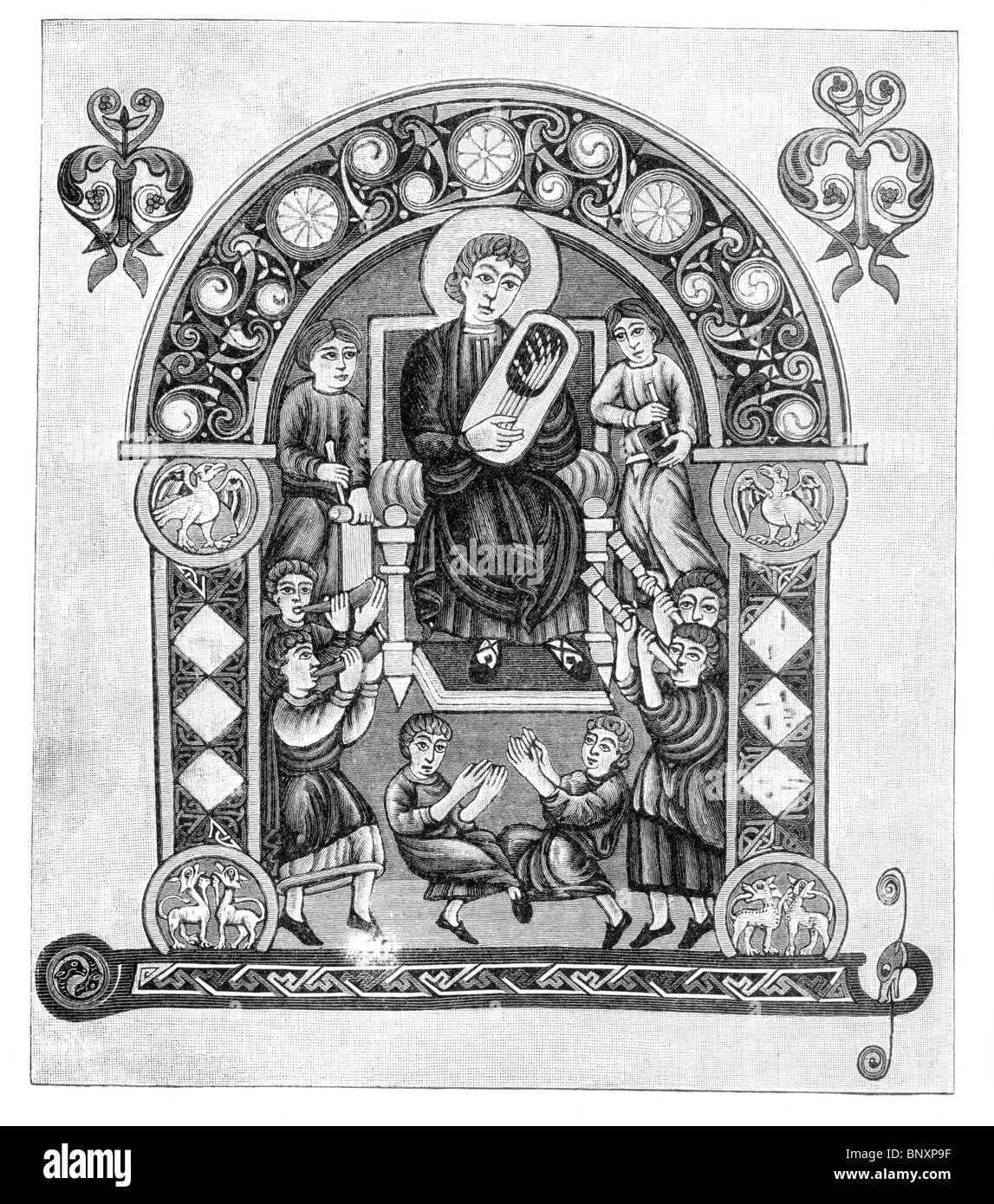 Black and White Illustration; Vespasian Psalter; Old Testament King David playing his harp accompanied by his musicians Stock Photo