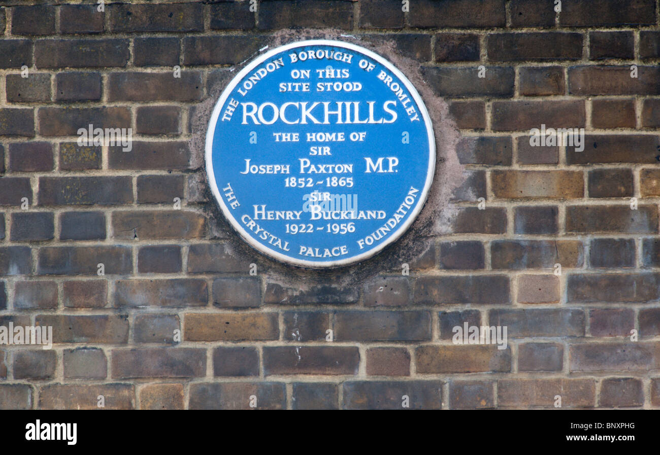 Plaque commemorating the site of 'Rockhills', Westwood Hill, London Stock Photo