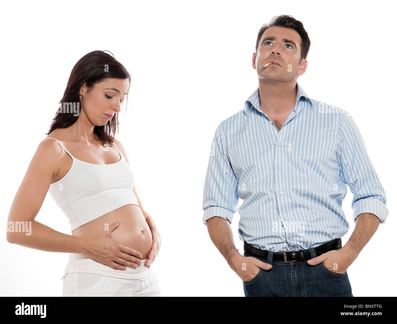 caucasian women smoking danger during pregnancy concept isolated studio on white background Stock Photo