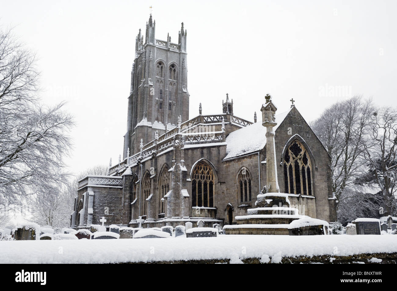 Wrington All Saints Church in the snow. Wrington Somerset, England