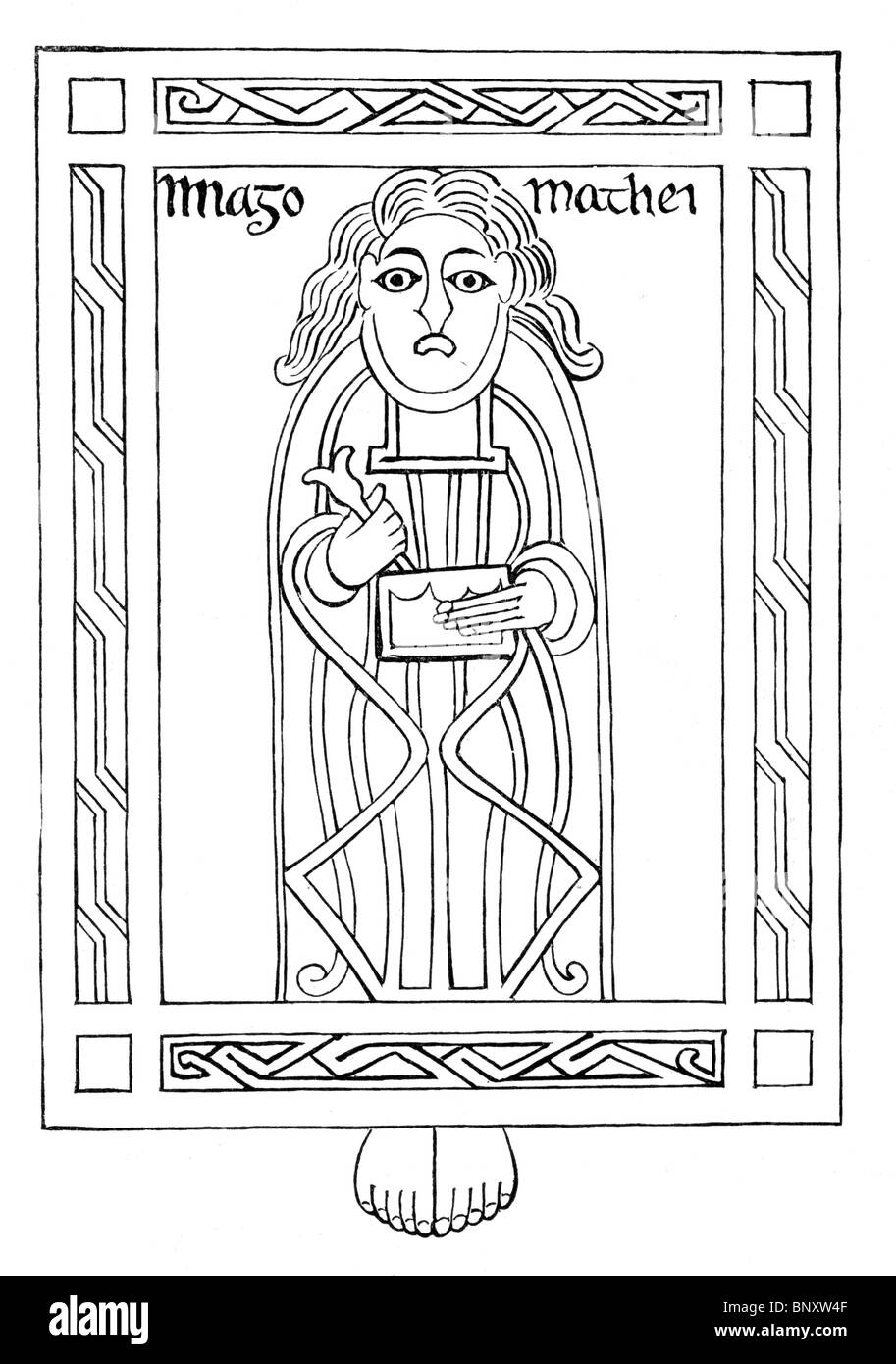 Black and White Illustration; St Matthew from the Gospel book of St Boniface at Fulda Stock Photo