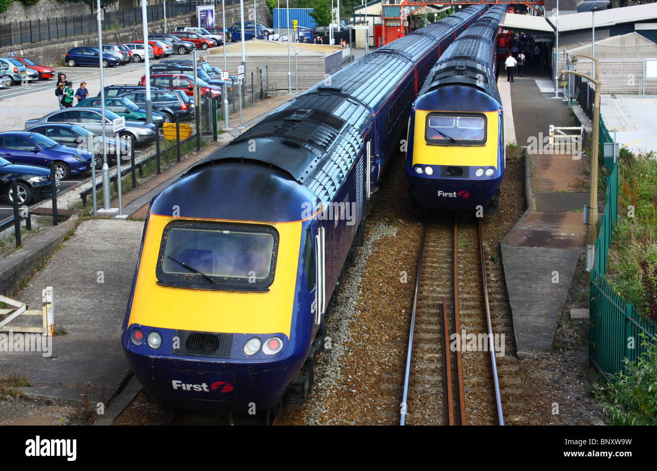 Another rare treat of two Intercity 125 Expresses at St Austell, together. Stock Photo