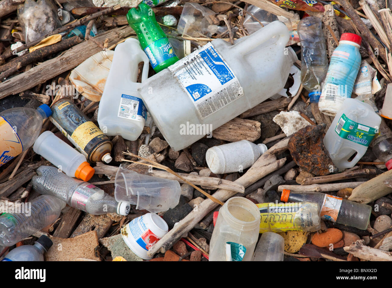 Flotsam and jetsam rubbish collected on Thames side beach at high water