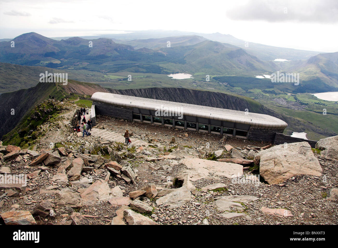 Mount Snowdon summit cafe, Snowdonia National Park, North Wales, UK Stock Photo