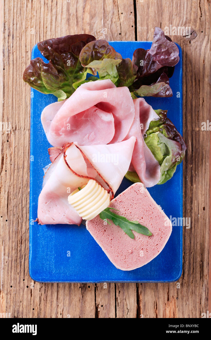 Liver pate, bacon and ham overhead Stock Photo Alamy
