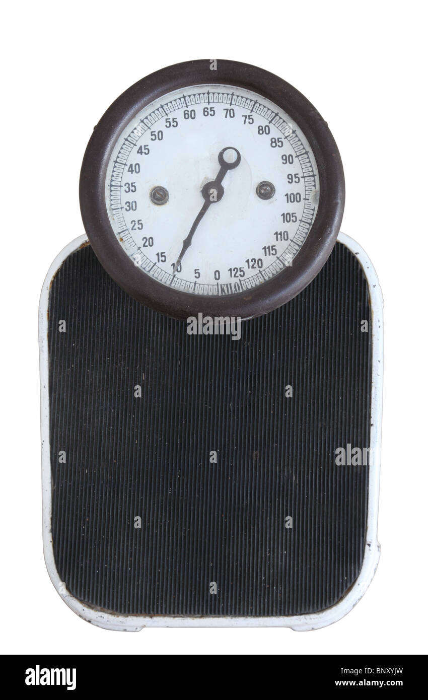Vintage bathroom scales isolated over white background Stock Photo