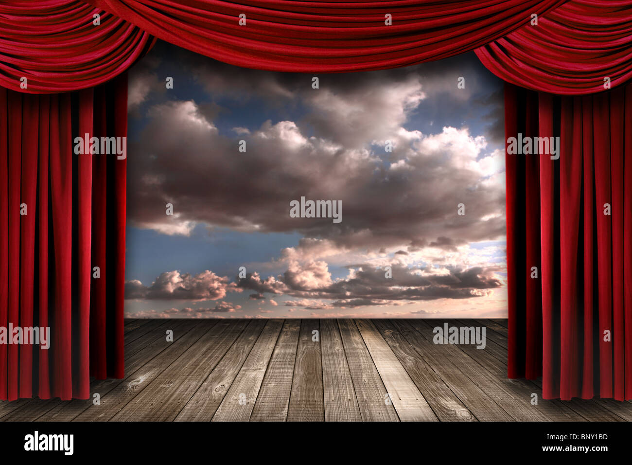 Beautiful Stage With Red Velvet Theater Curtains And Dramatic Sky
