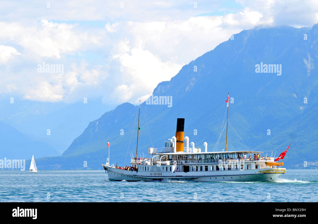Passenger ferry, paddle steamer at Lausanne, Switzerland, Europe Stock Photo