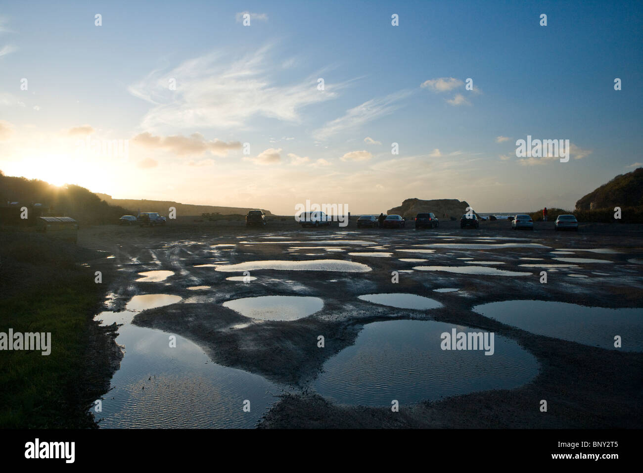Parking lot after a rain, Montana de Oro State Park, California, USA Stock Photo