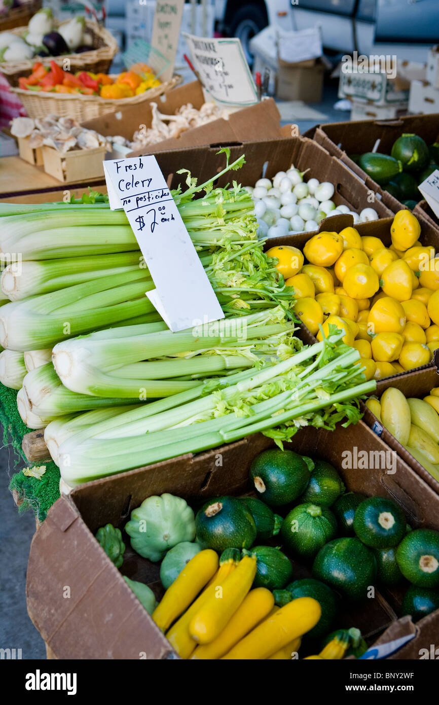 A produce stand at farmers market with organic vegetables, Santa
