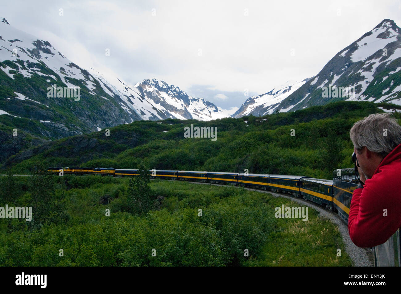 Alaska Railroad riding on the tracks in front of Spencer Glacier Stock