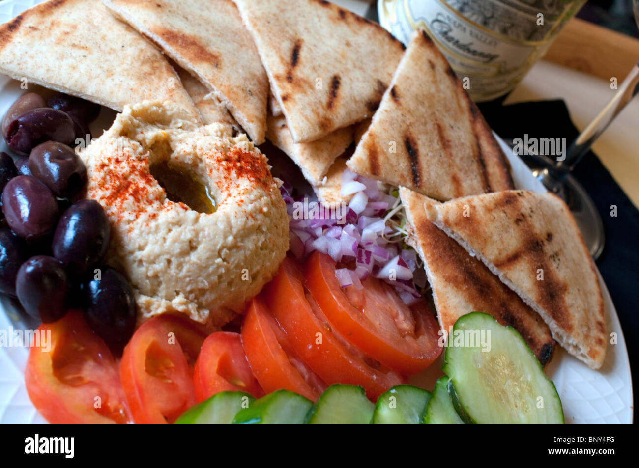 Hummus appetizer at Forakers Restaurant, Talkeetna Lodge Alaska Stock