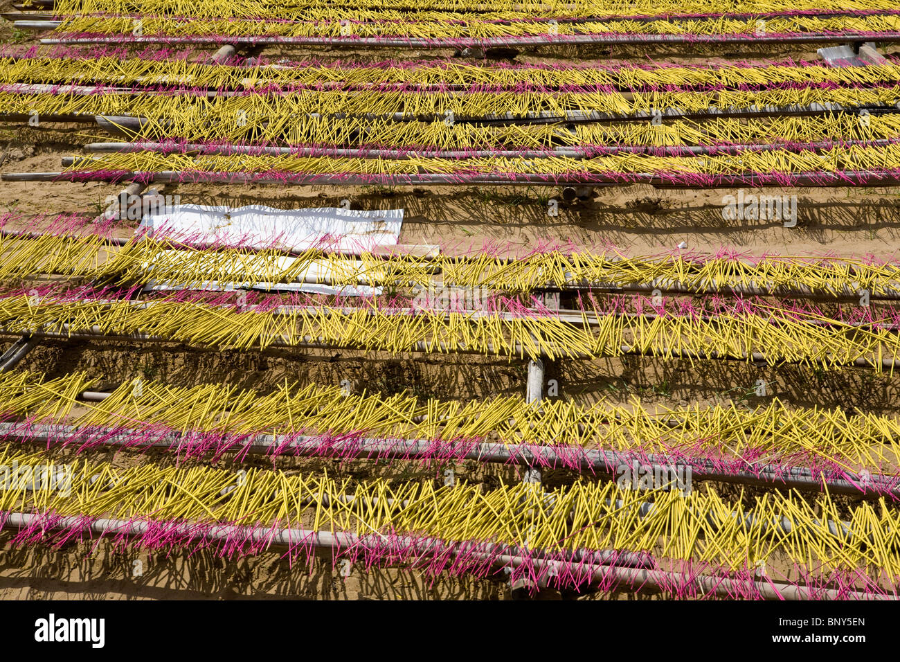 Artisanal production of incense, incense sticks drying near the side of the road, Vietnam Stock Photo