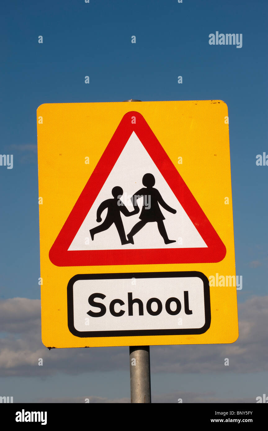 School ahead warning road sign Stock Photo