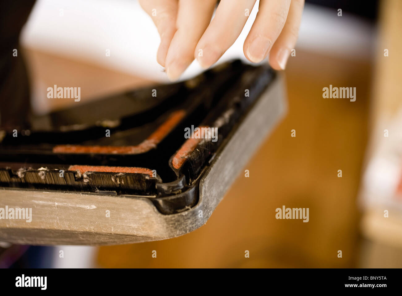 Removing lint from clogged vacuum cleaner Stock Photo Alamy