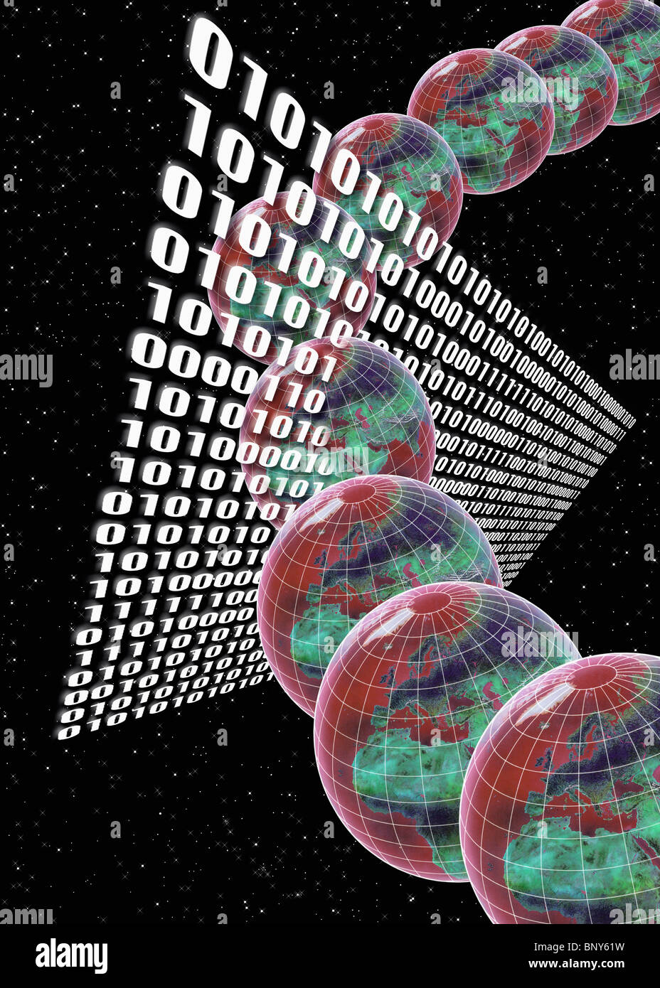 Globes passing through binary numbers in space Stock Photo - Alamy