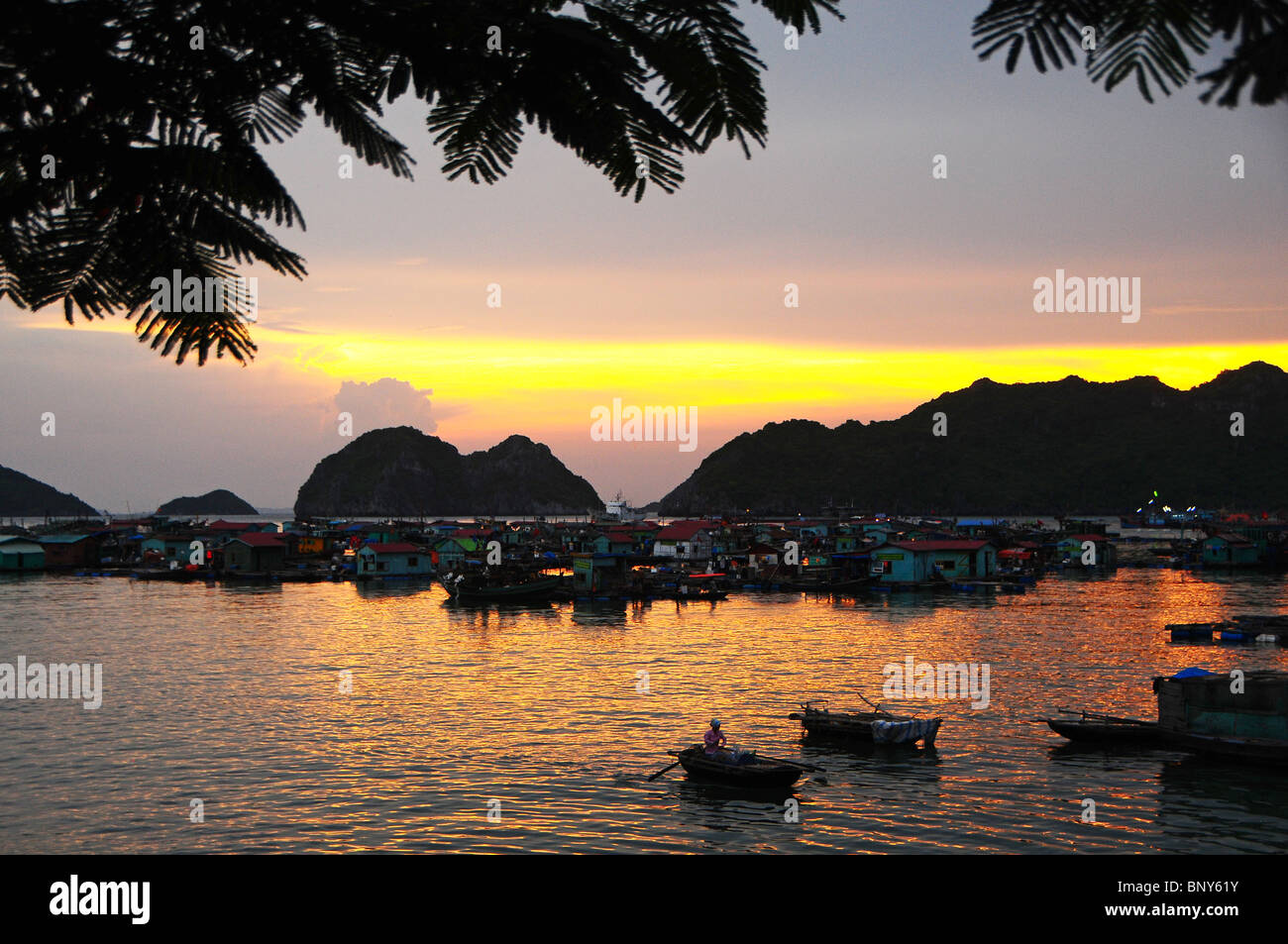 Boats and floating houses in front of Cat Ba Town, on Cat Ba Island
