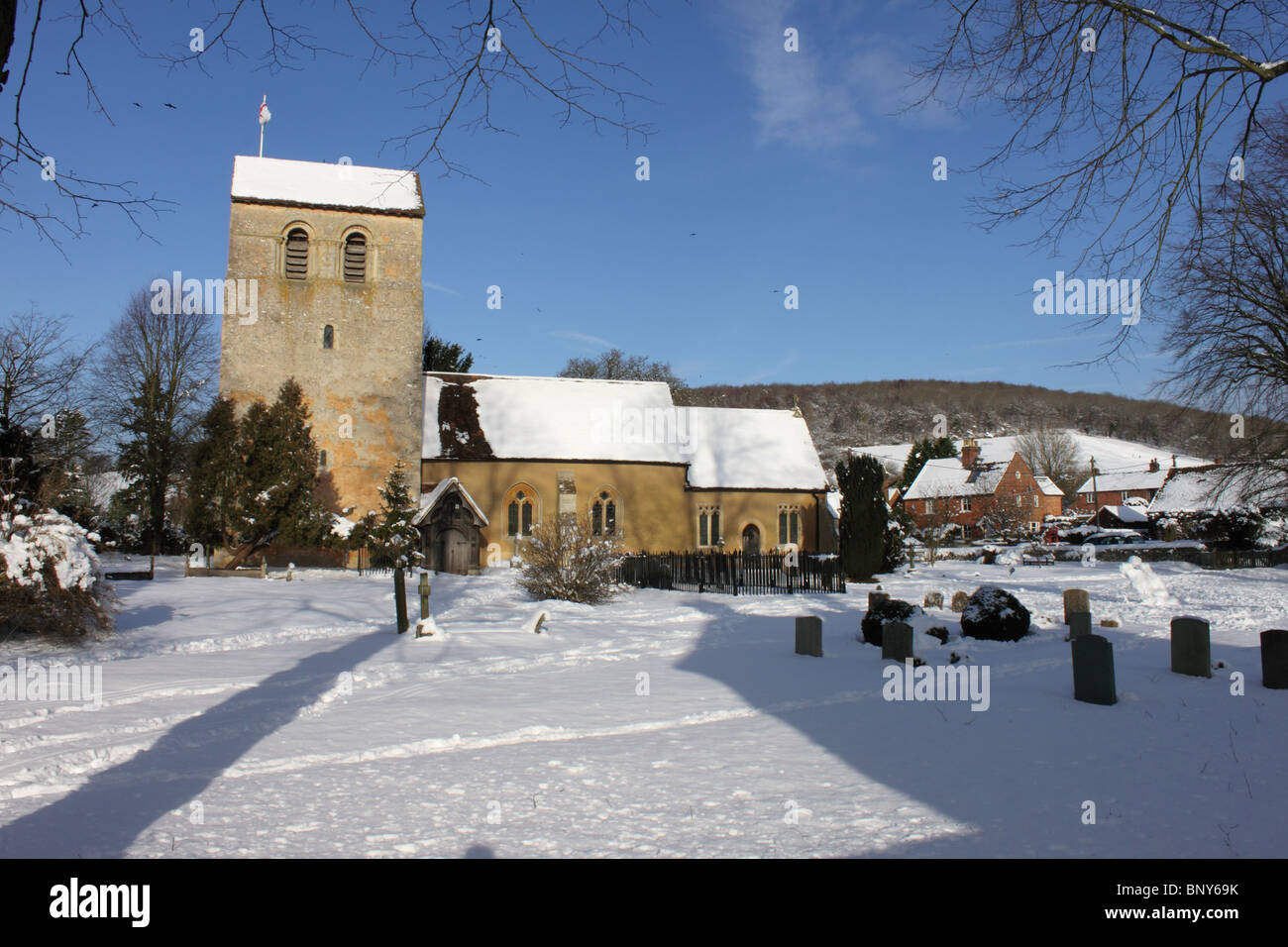 Saint Bartholamew Church, Fingest, Chiltern Hills, Buckinghamshire, England, UK, in snow Stock Photo