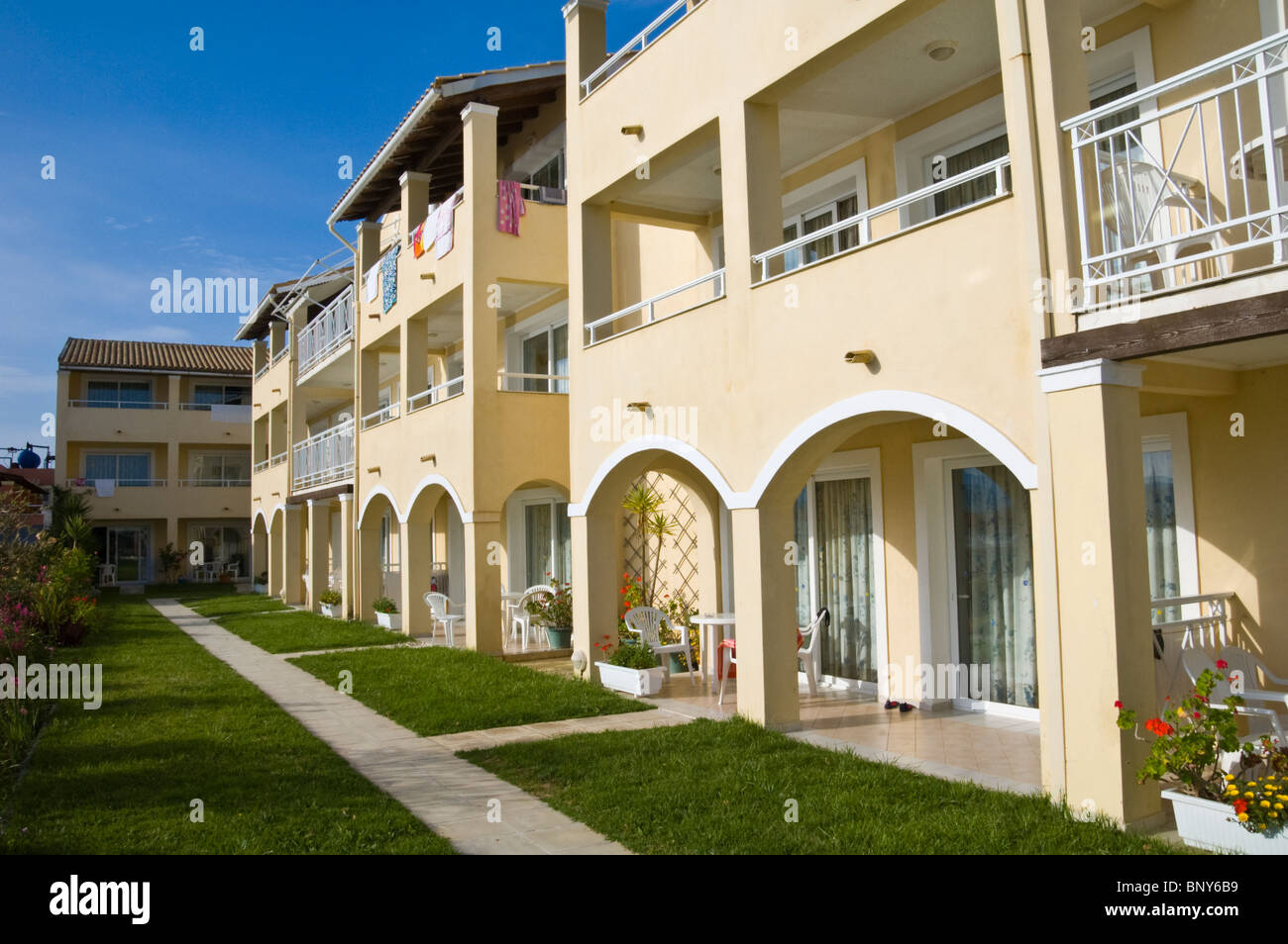 Exterior of typical holiday apartments on the Greek Mediterranean
