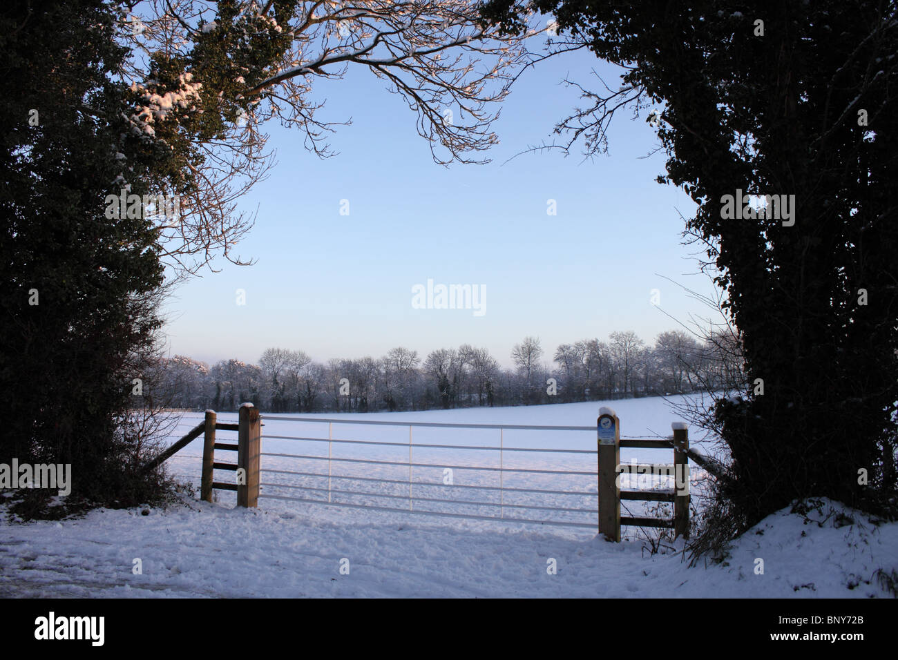 Gateway through hedgerow onto open fields in deep snow, Kidmore End Lane, Sonning Common, Oxfordshire, England, UK Stock Photo