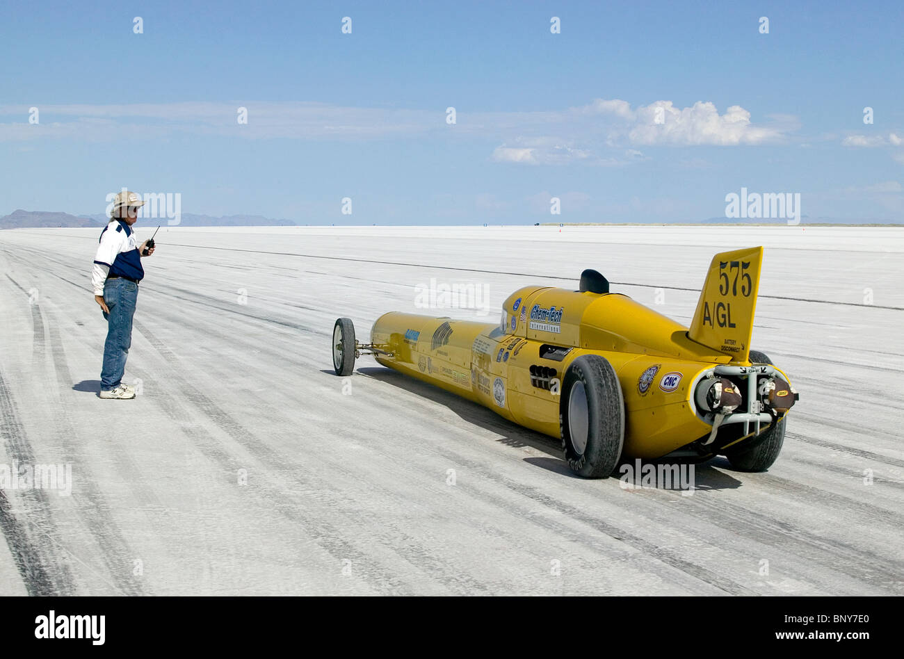 Land speed record car on the salt start line Bonneville Speedway Utah