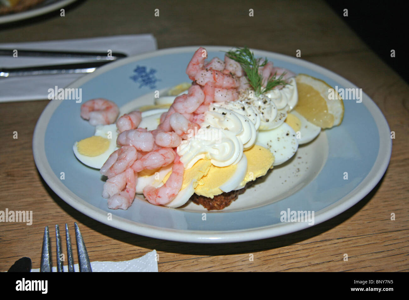 Traditional Danish open faced sandwich with shrimps, egg and mayonnaise ...