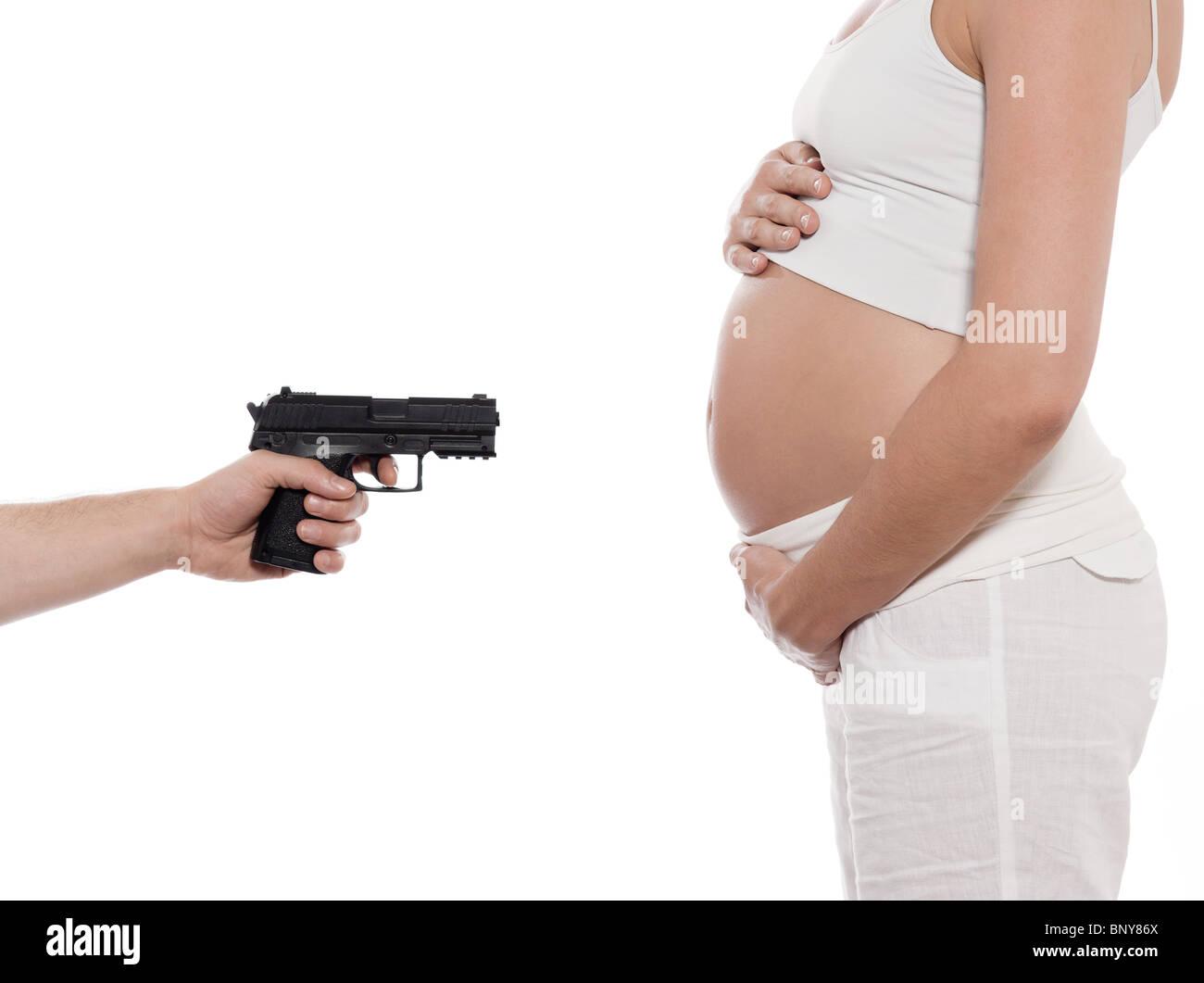 pregnant caucasian woman portrait abortion controversy concept isolated studio on white background Stock Photo