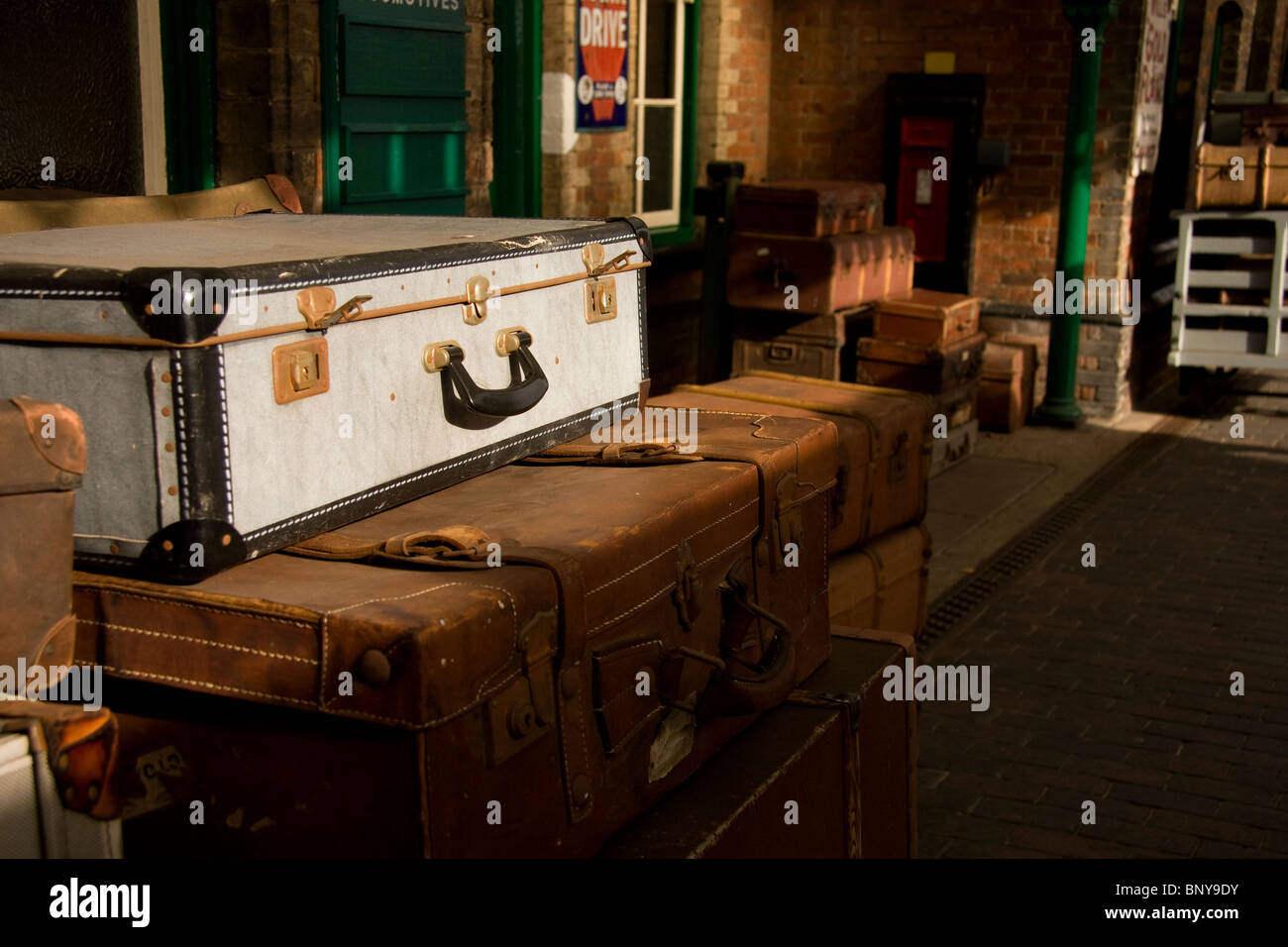 Old suitcases at Sheringham Railway Station Stock Photo