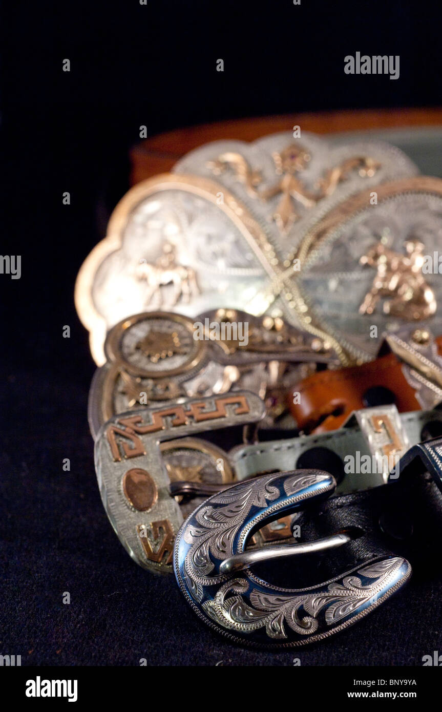 Sterling silver & gold handengraved Western belt buckles on leather