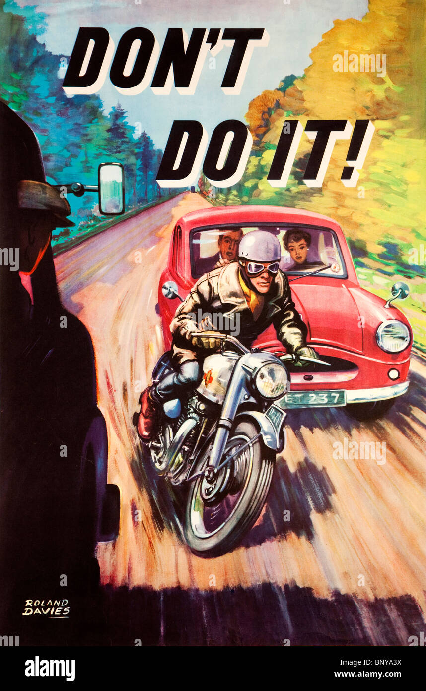 Don't do it, 1950s dangerous motorbike overtaking road safety poster by Roland Davies Stock Photo