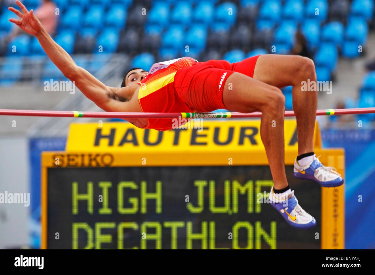 Jonay Jordan of Spain does the high jump as part of the decathlon at the 2010 IAAF World Junior Championships on July 20, 2010. Stock Photo