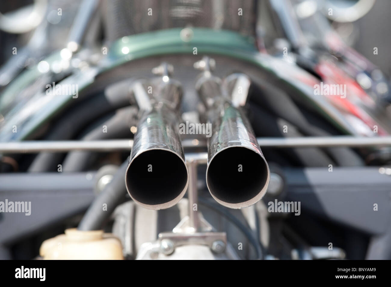 Formula One Lotus 25 exhaust pipes, 2010 Silverstone Classic, England, UK Stock Photo