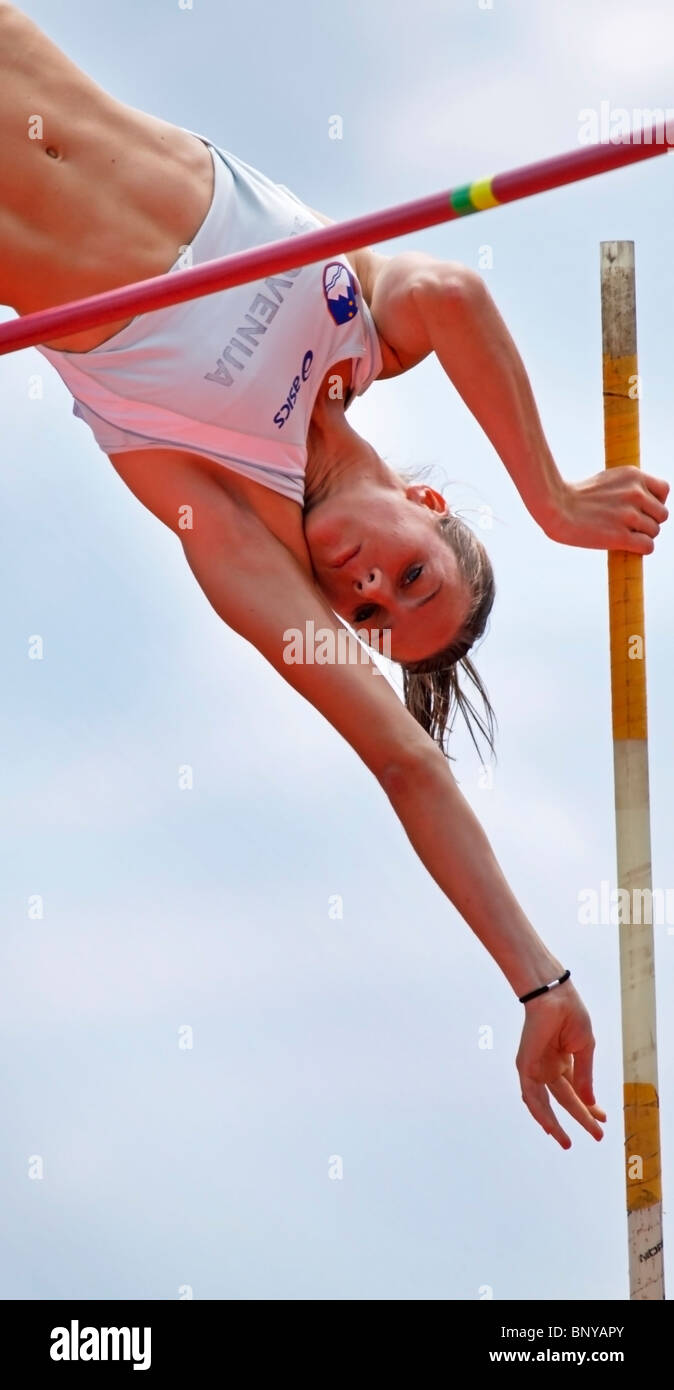 Sara Bercan of Slovenia performs the pole vault at the 2010 IAAF World Junior Championships July 24, 2010. Stock Photo