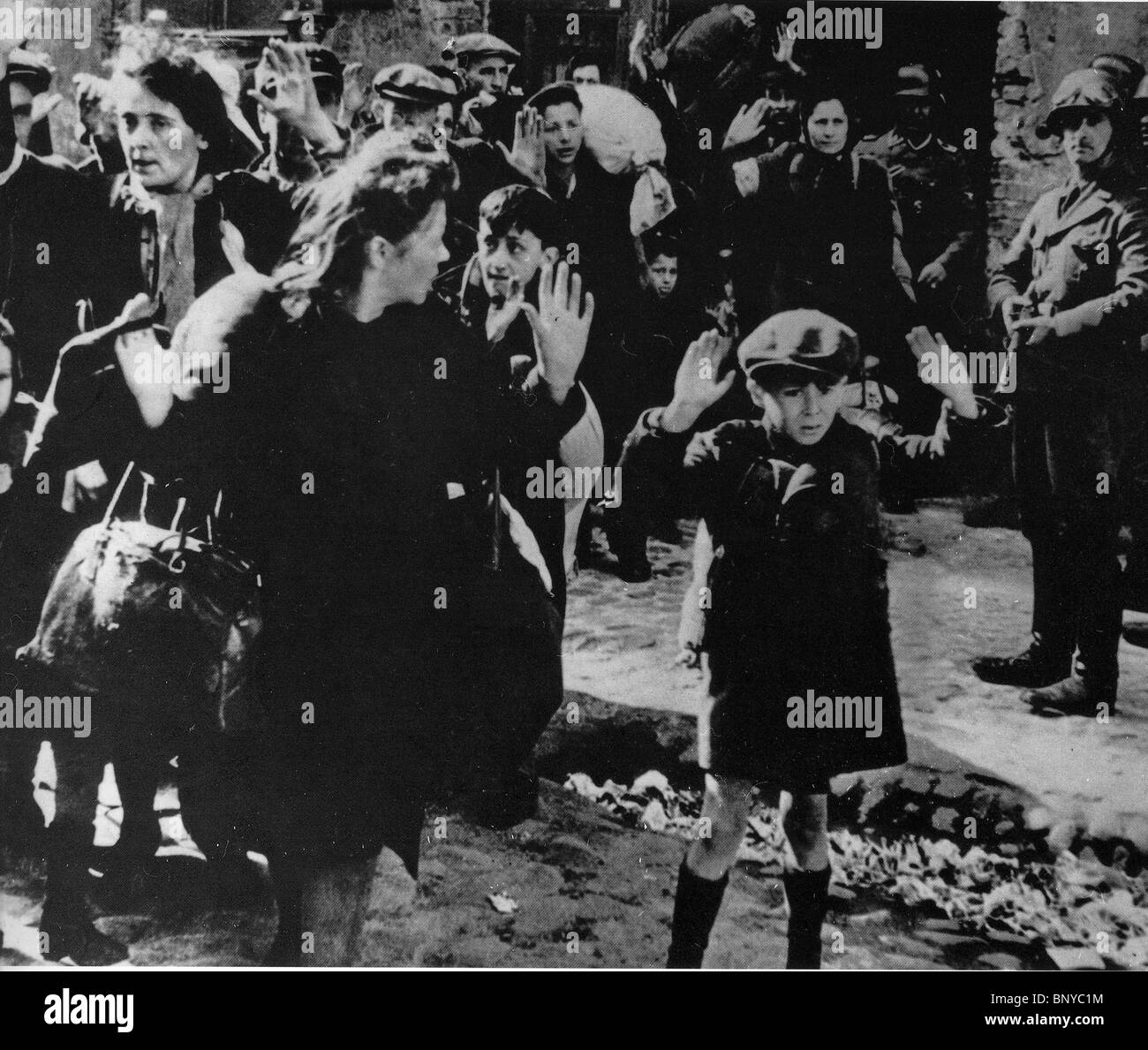 WARSAW GHETTO  German troops forcibly removing  Jewish occupants of the Warsaw Ghetto in April 1943 Stock Photo