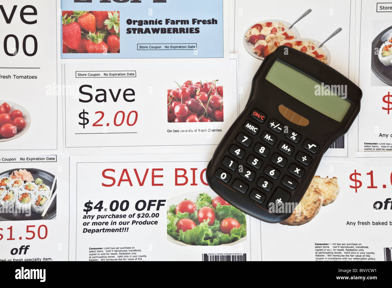 Fake coupon background with Calculator. All coupons were created by the photographer. Images in the coupons are the photographer Stock Photo