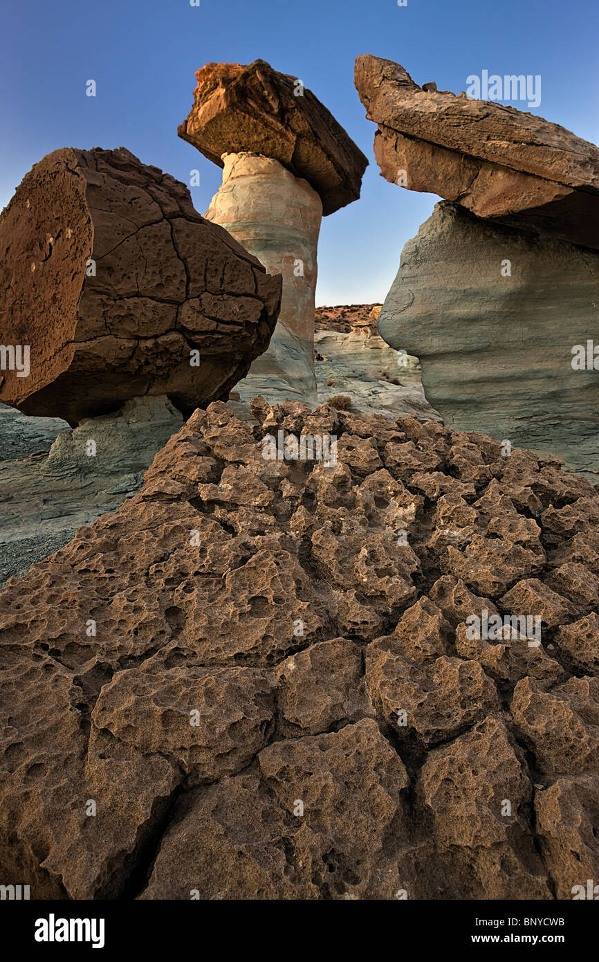 Balancing rocks (pedestal rocks) at Stud Horse Point under a dawn sky, near Page, Arizona. Stock Photo