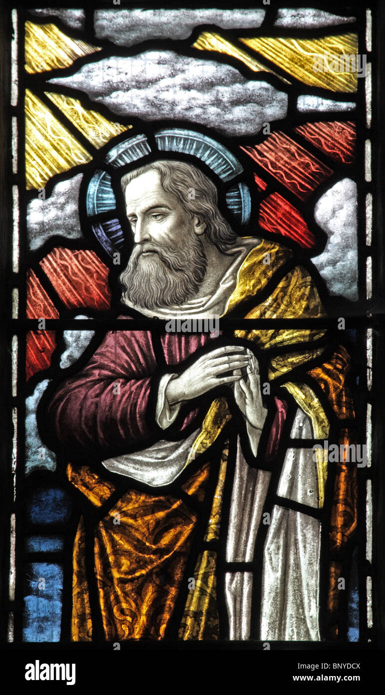 A stained glass window by Heaton, Butler & Bayne, depicting old Testament Prophet, All Saints Church, Ladbroke, Warwickshire Stock Photo