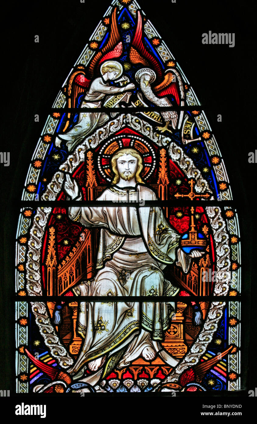 A stained glass window depicting Christ in Majesty, All Saints Church, Ladbroke, Warwickshire Stock Photo
