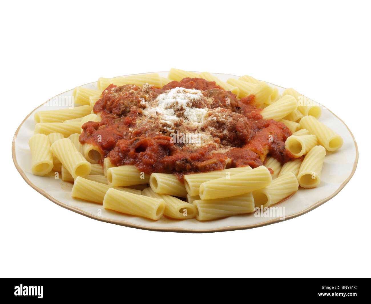 Rigatoni with tomato sauce and mini meatballs. Stock Photo