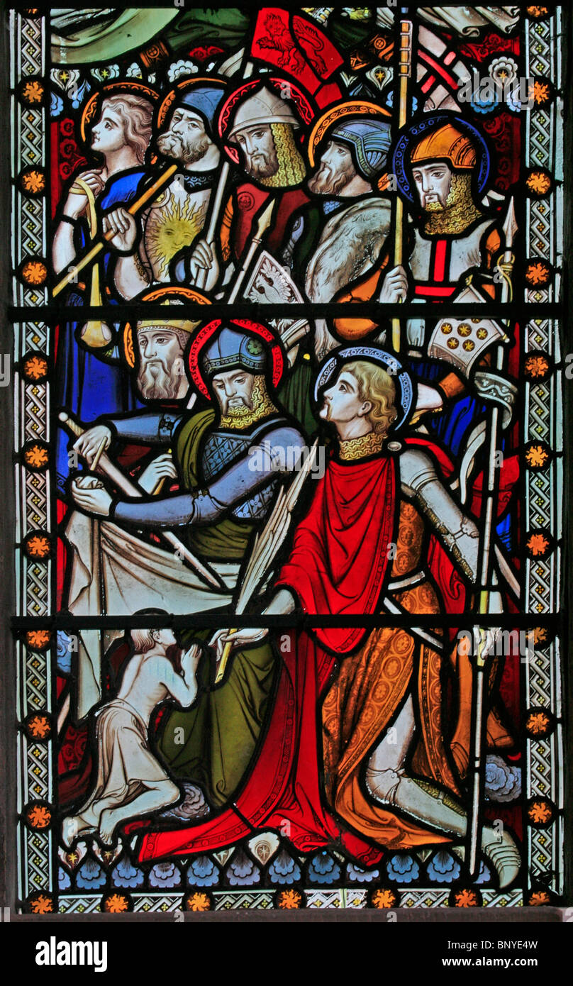 A stained glass window designed by John Hardman Powell, depicting Knightly Saints, All Saints Church, Ladbroke, Warwickshire Stock Photo