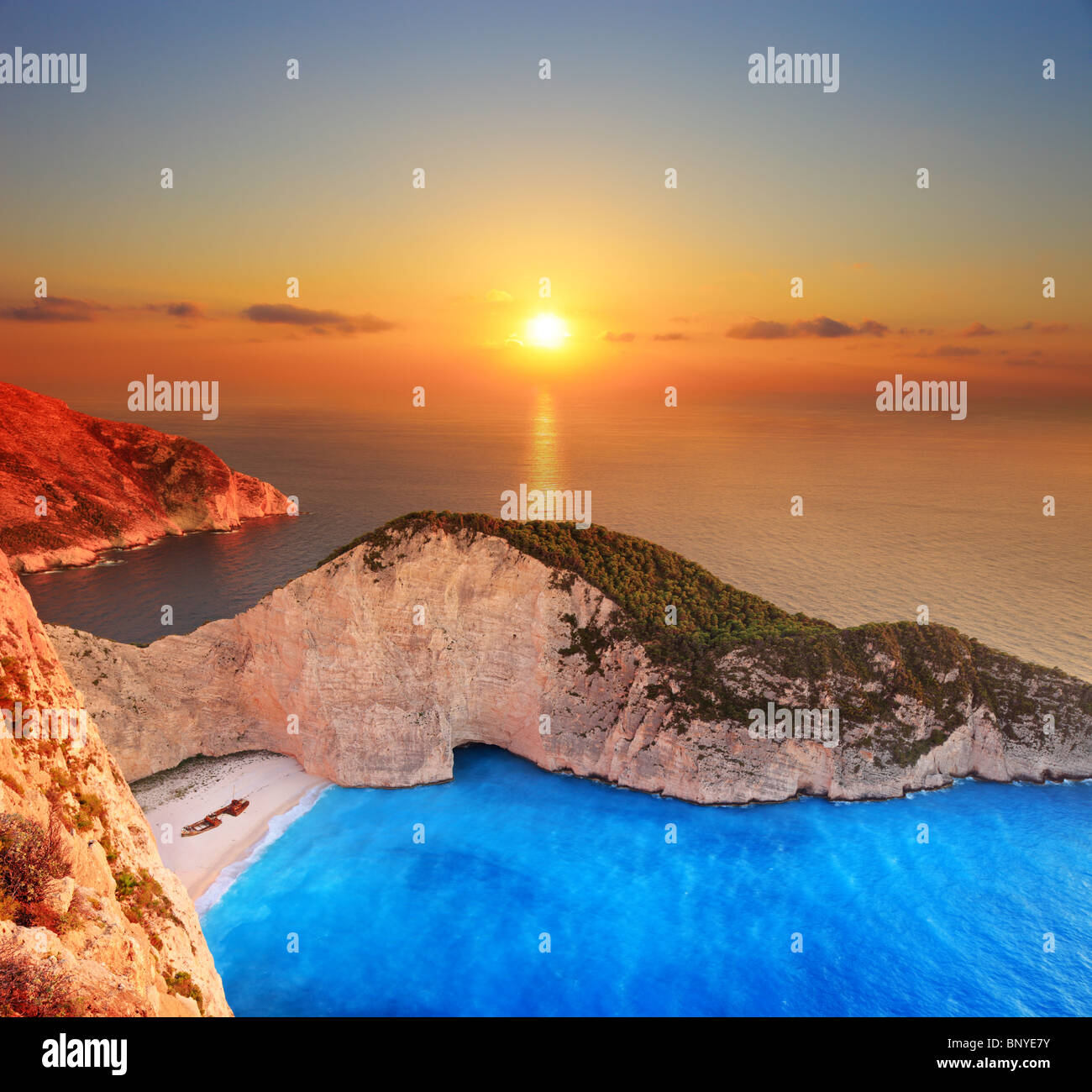 A panorama of sunset over Zakynthos island, Greece Stock Photo