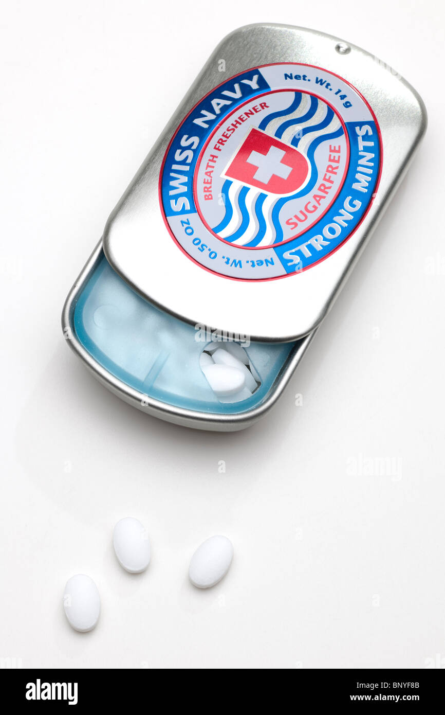 Silver sliding lid tin of Swiss Navy Breath freshener sugarfree strong travel mints Stock Photo
