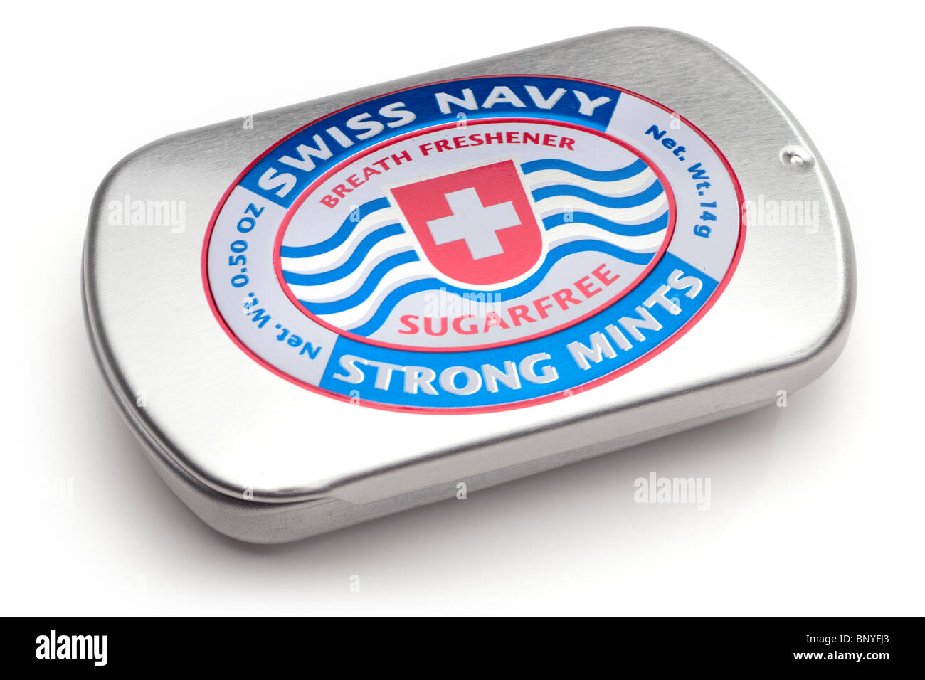 Silver tin of Swiss Navy Breath freshener sugarfree strong travel mints Stock Photo