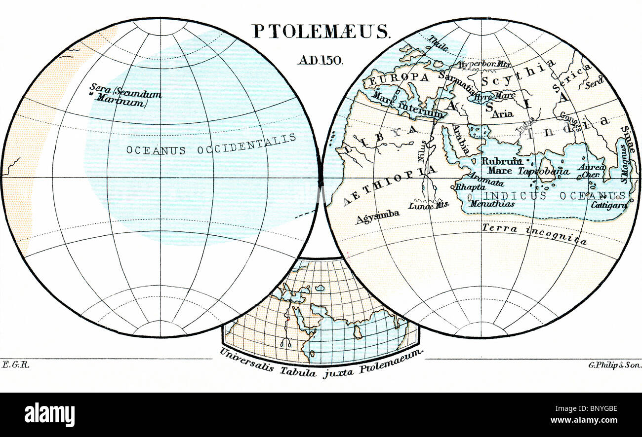 Ptolemaeus Map A.D. 150. From the book Life of Christopher Columbus by Clements R. Markham published 1892. Stock Photo