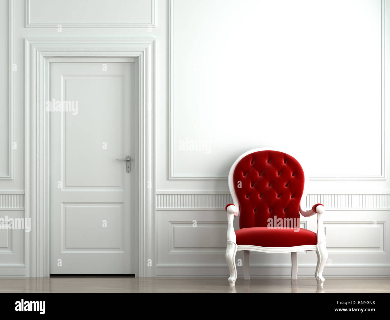 https://c8.alamy.com/comp/BNYGN8/red-velvet-armchair-on-classic-white-wall-interior-BNYGN8.jpg