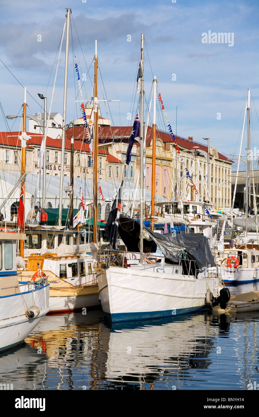 Sailboats in Victoria Dock during the Wooden Boat Festival. Hobart