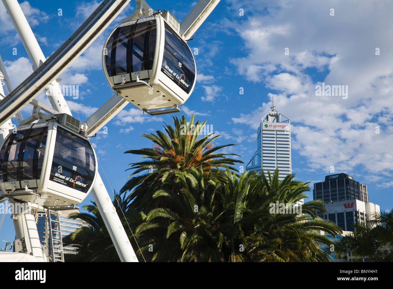 The 50 metre high Wheel of Perth ferris wheel and city skyline. Perth, Western Australia, AUSTRALIA. Stock Photo