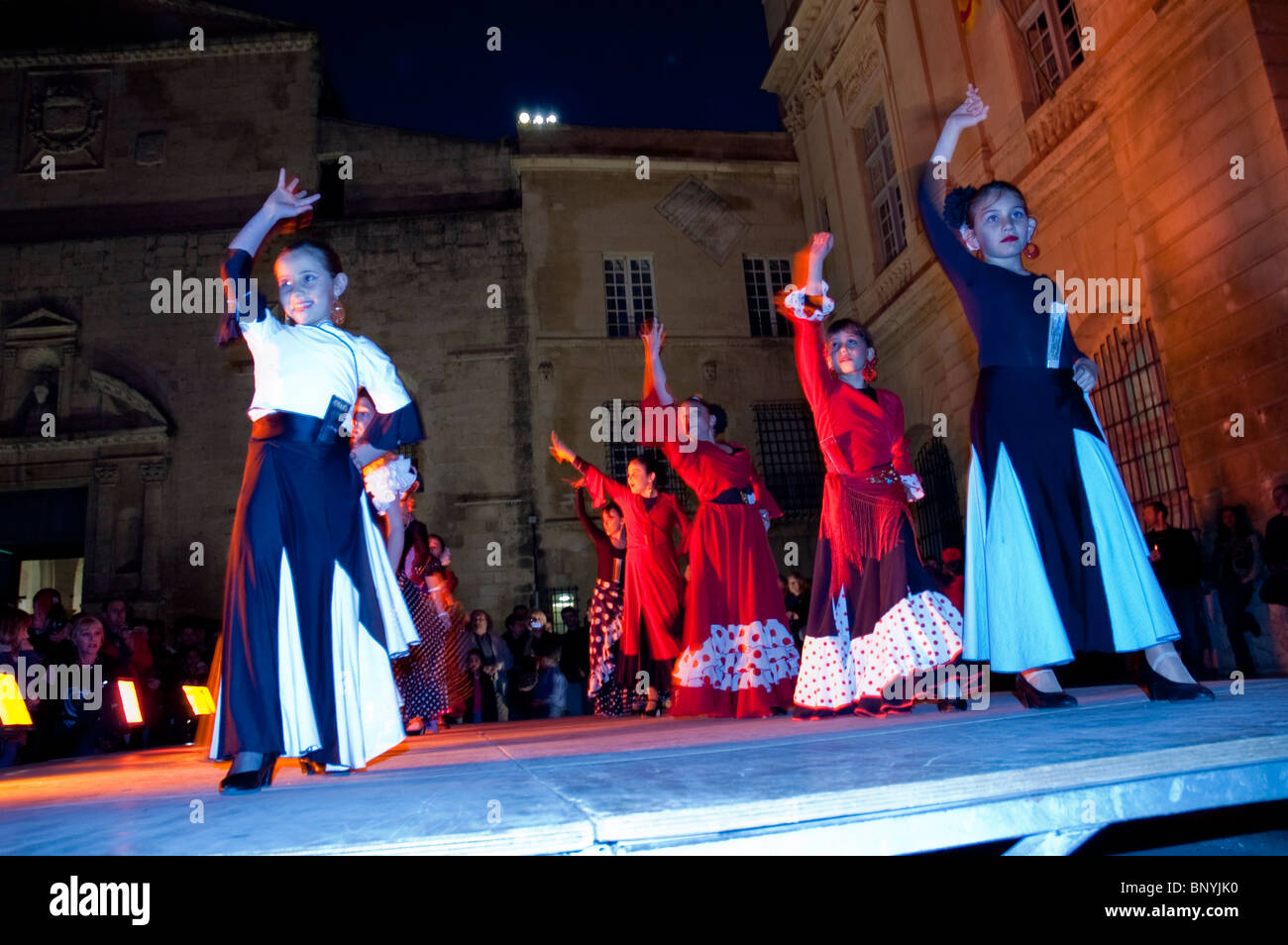 Arles, France, Feria "Bullfighting Festival" Andalusian Women Performing on Stage Flamenco Dance in Costume, teenagers dancing Stock Photo