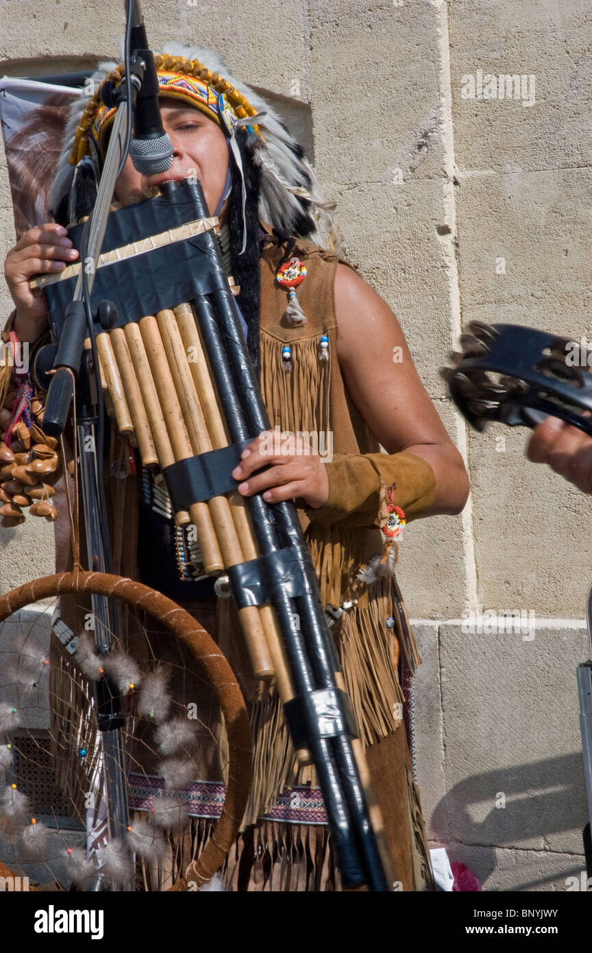 Arles, France, South American Indians Performing Traditional Music on Street, Stock Photo